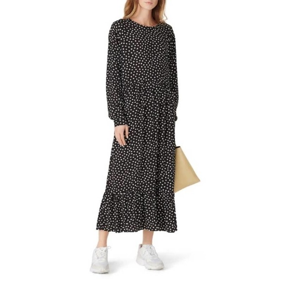 MPC Polka Dot Long Sleeve Crew Neck Juniper Midi Dress Black White Size Medium - Picture 1 of 8